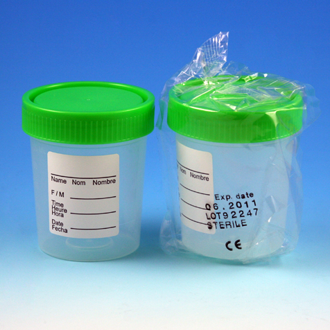 Globe Scientific Specimen Container, 4oz, with 1/4-Turn Green Screwcap and Tri-Lingual ID Label, STERILE, PP, Individually Wrapped, Graduated Collection Cup; Specimen Container; Urine Collection